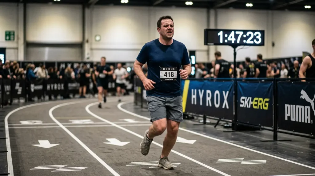 How Long Does HYROX Take for a First-time HYROX athlete running mid-race — beginner finish times typically range from 1h30 to 2h00
