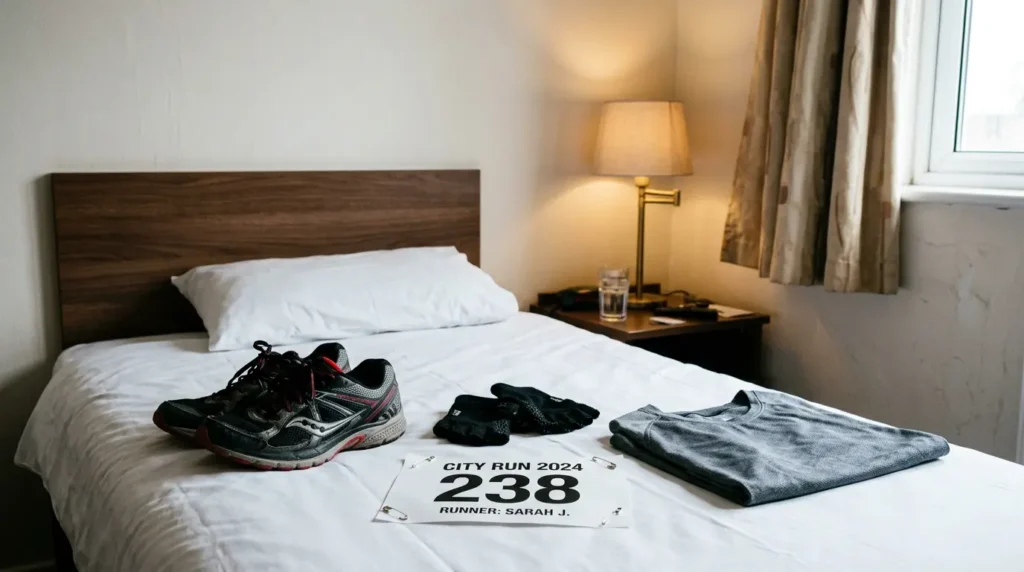 Budget hotel room before HYROX UK race with running shoes, grip gloves and race kit laid out on bed