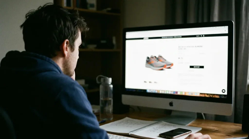 Athlete researching best shoes for HYROX on laptop before race day
