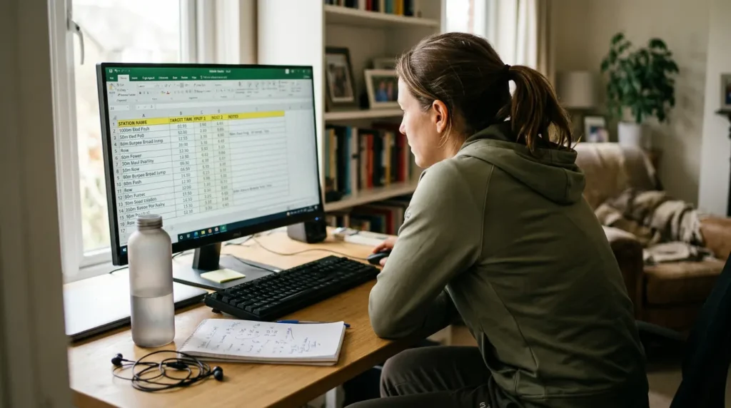 Woman planning her HYROX goal time on a spreadsheet — benchmarks by station