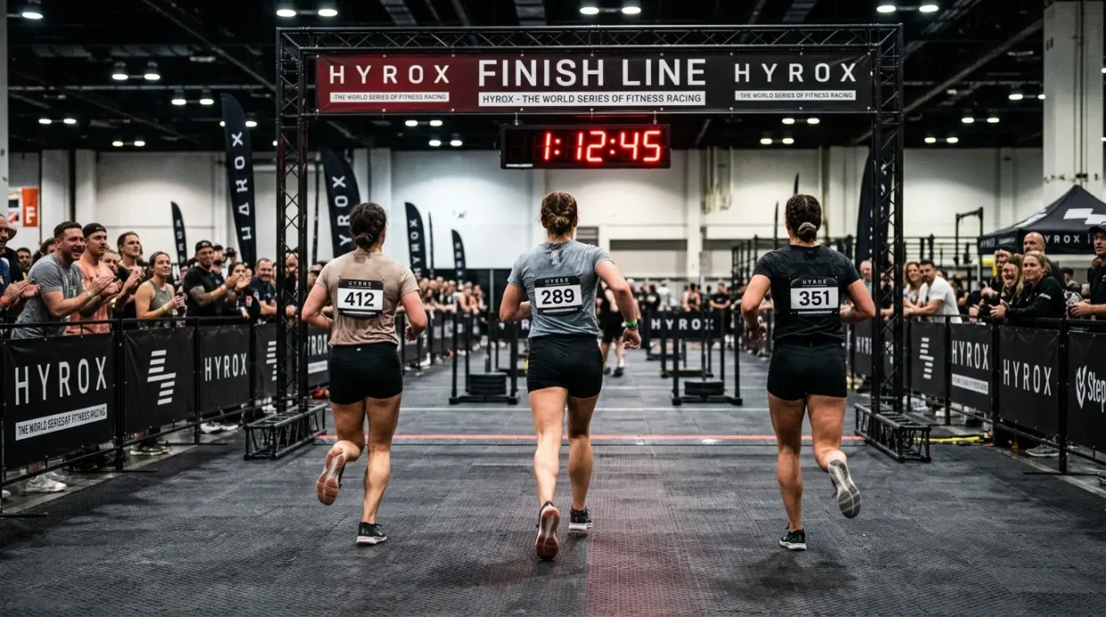 Women running toward the HYROX finish line — HYROX average finishing time for women