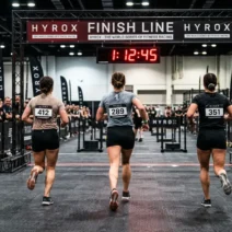 Women running toward the HYROX finish line — HYROX average finishing time for women