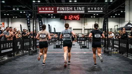 Women running toward the HYROX finish line — HYROX average finishing time for women