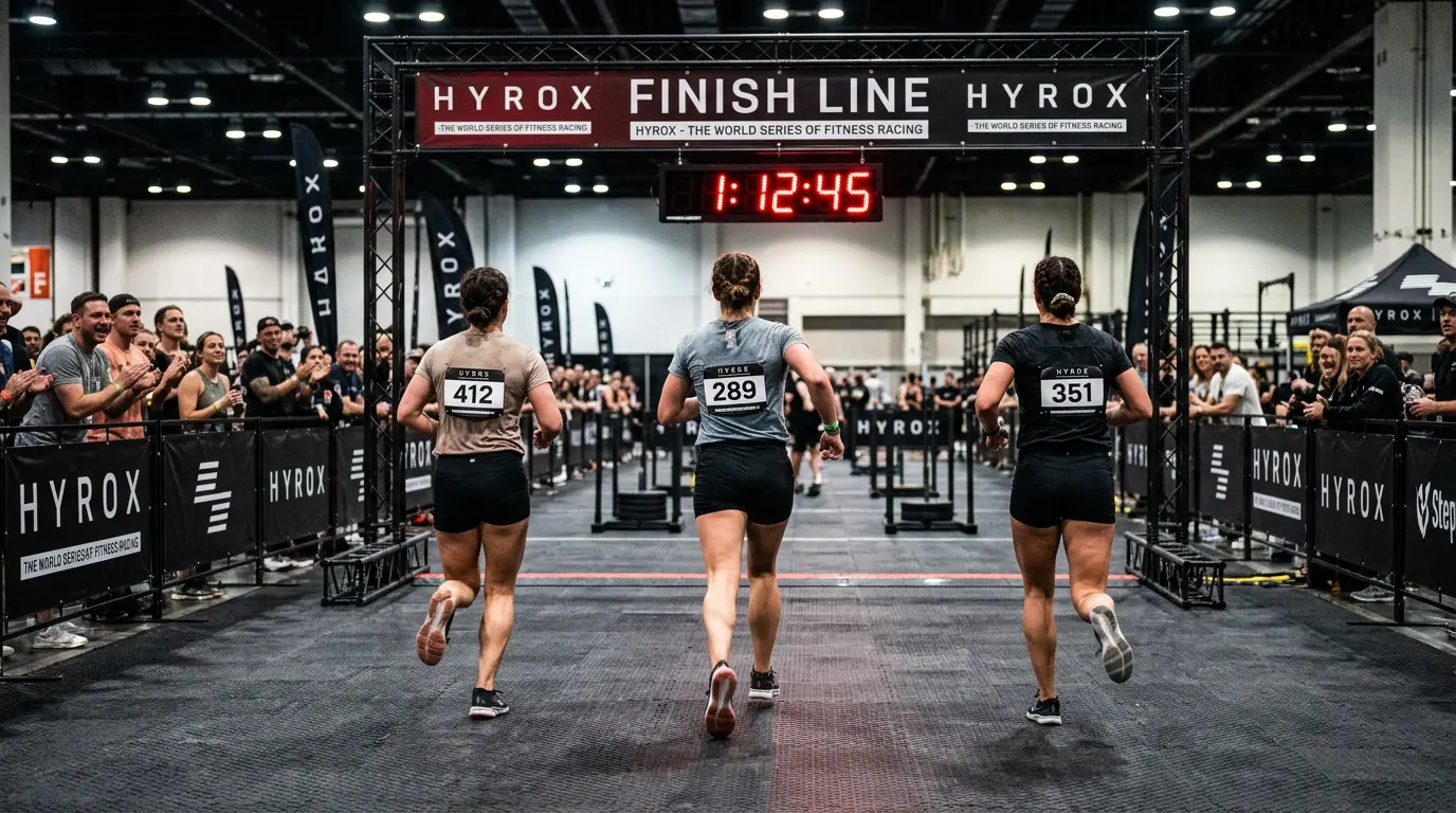 Women running toward the HYROX finish line — HYROX average finishing time for women