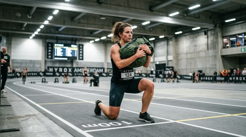 Female athlete performing sandbag lunges during HYROX race — Station 7 average station time Open divisionv