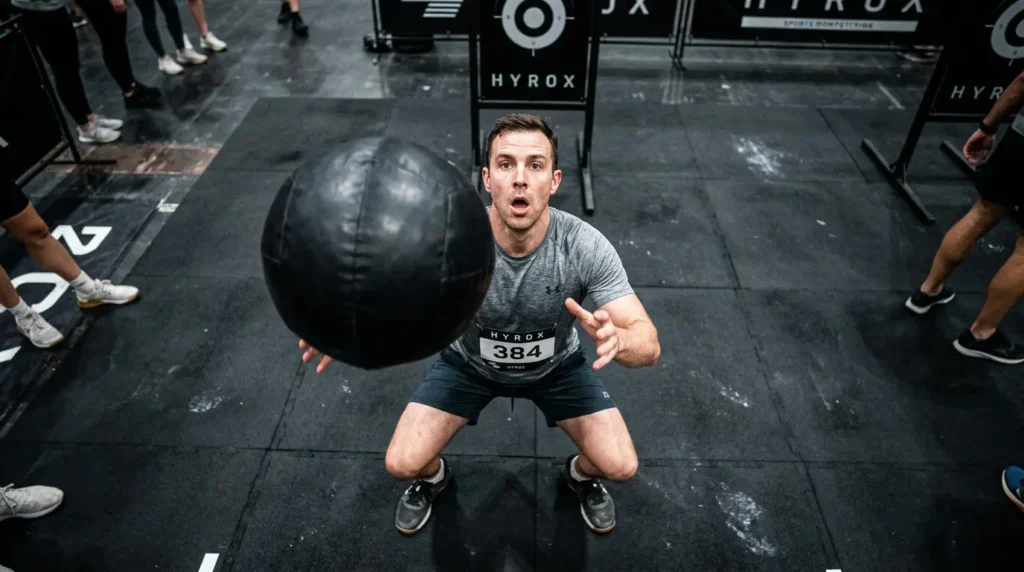 Athlete in squat catching wall ball during HYROX Station 8 — Wall Balls average station time Open division