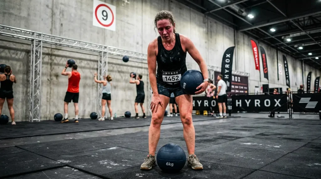 Woman struggling at the Wall Balls station during a HYROX race — common mistake that inflates finish times