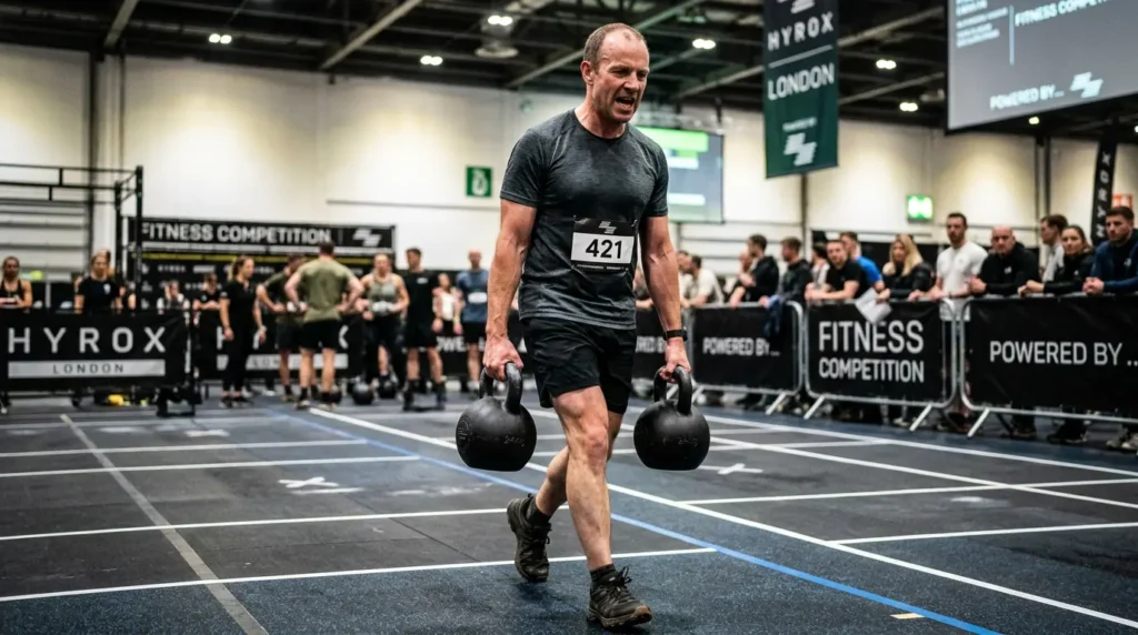 Male athlete carrying kettlebells during HYROX Farmers Carry — Station 6 average station time Open division