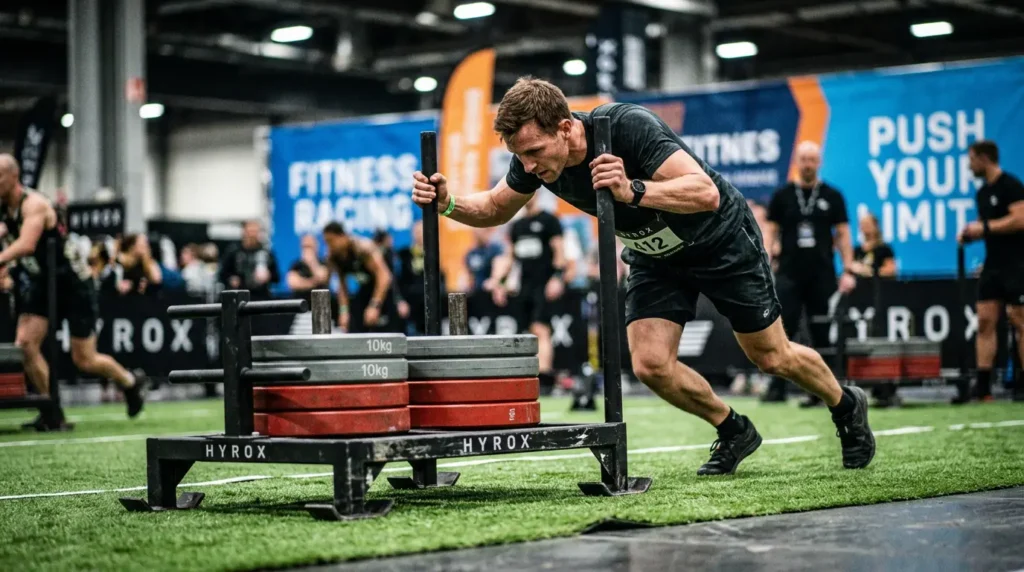 Athlete pushing HYROX sled on AstroTurf — Sled Push station average time Open division