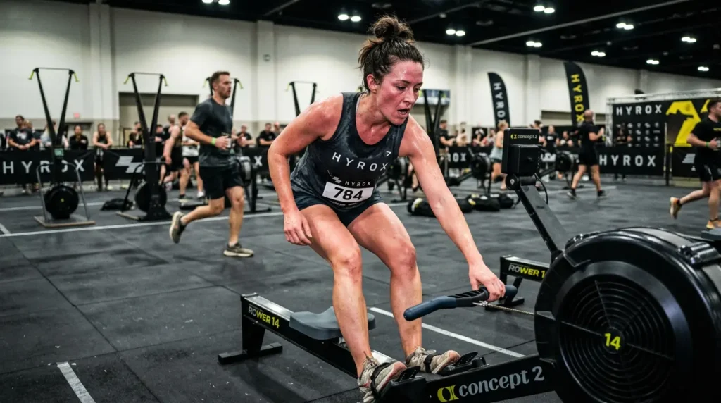 Woman transitioning from running to a HYROX station during a Women Open race