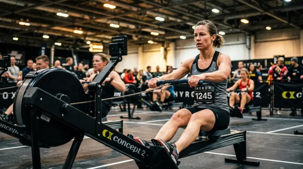 Female athlete rowing on Concept2 during HYROX race — Row Erg Station 5 average station time
