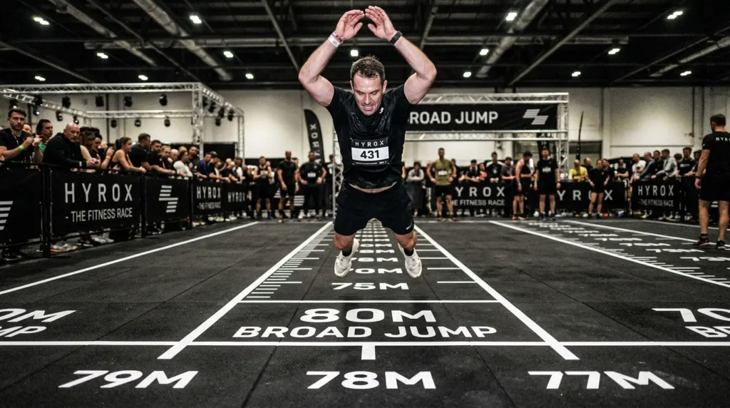 Athlete mid-jump during HYROX Burpee Broad Jumps — Station 4 average station time Open division