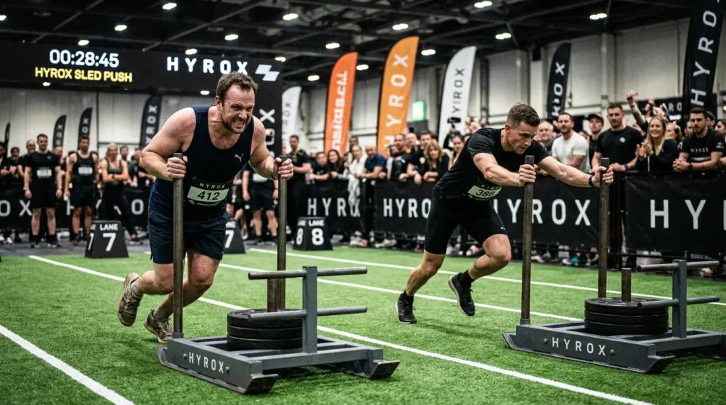 Two athletes competing side by side on HYROX Sled Push — Open and Pro division station times compared