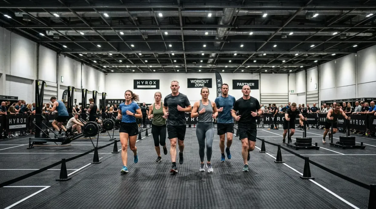 What is HYROX — athletes competing inside an indoor fitness race exhibition hall