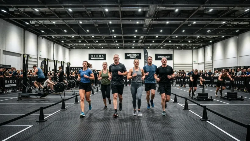 What is HYROX — athletes competing inside an indoor fitness race exhibition hall