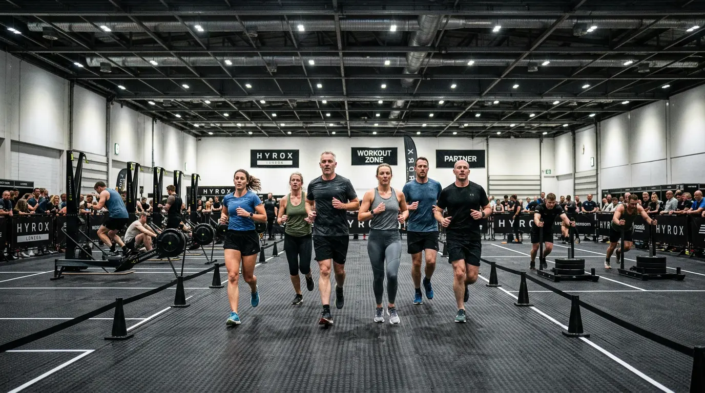 What is HYROX — athletes competing inside an indoor fitness race exhibition hall