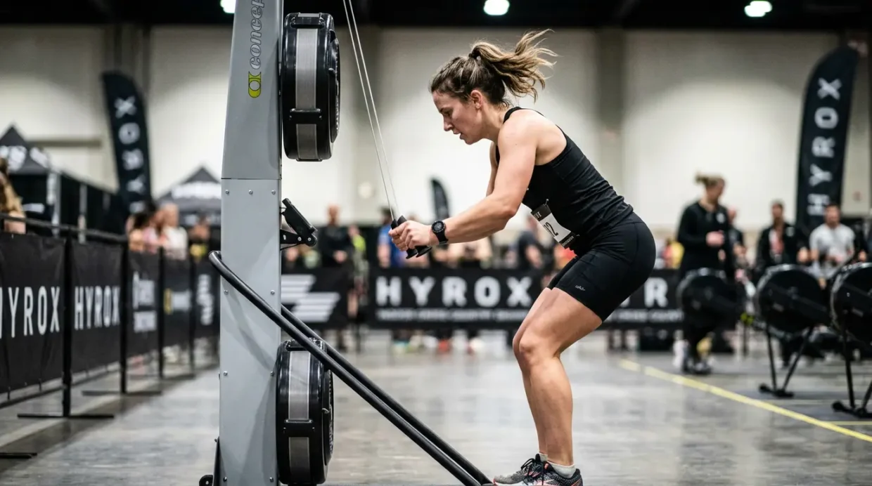 Female athlete performing the skierg station during a HYROX race