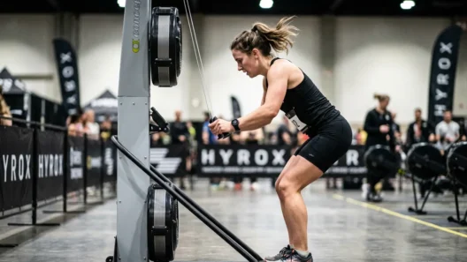 Female athlete performing the skierg station during a HYROX race
