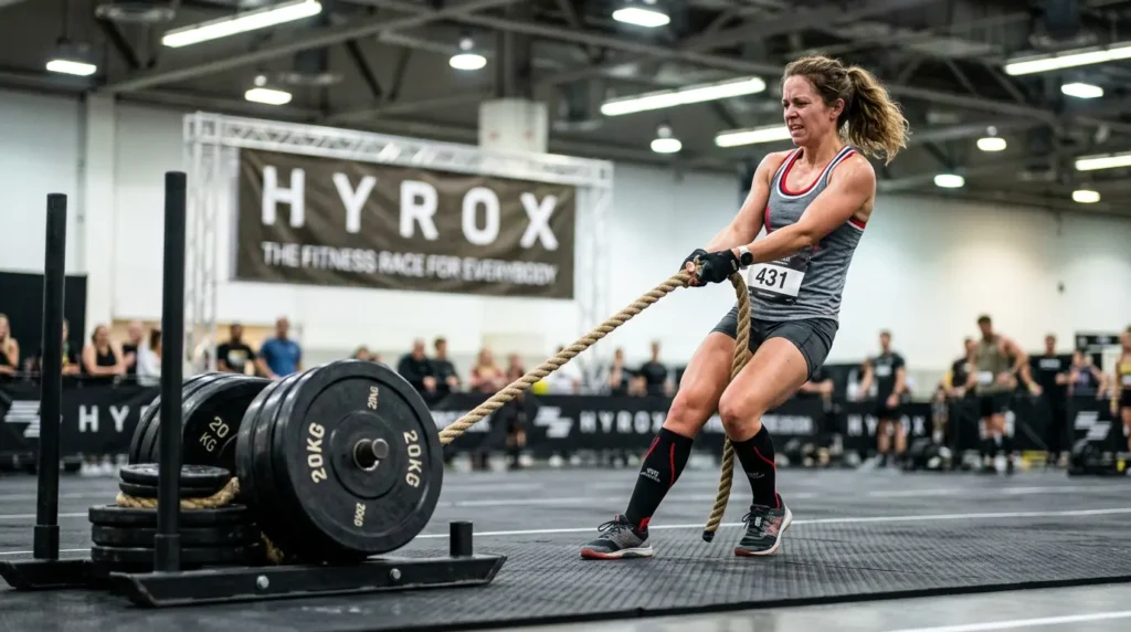 Athlete pulling HYROX sled with rope — Station 3 Sled Pull average time Open division