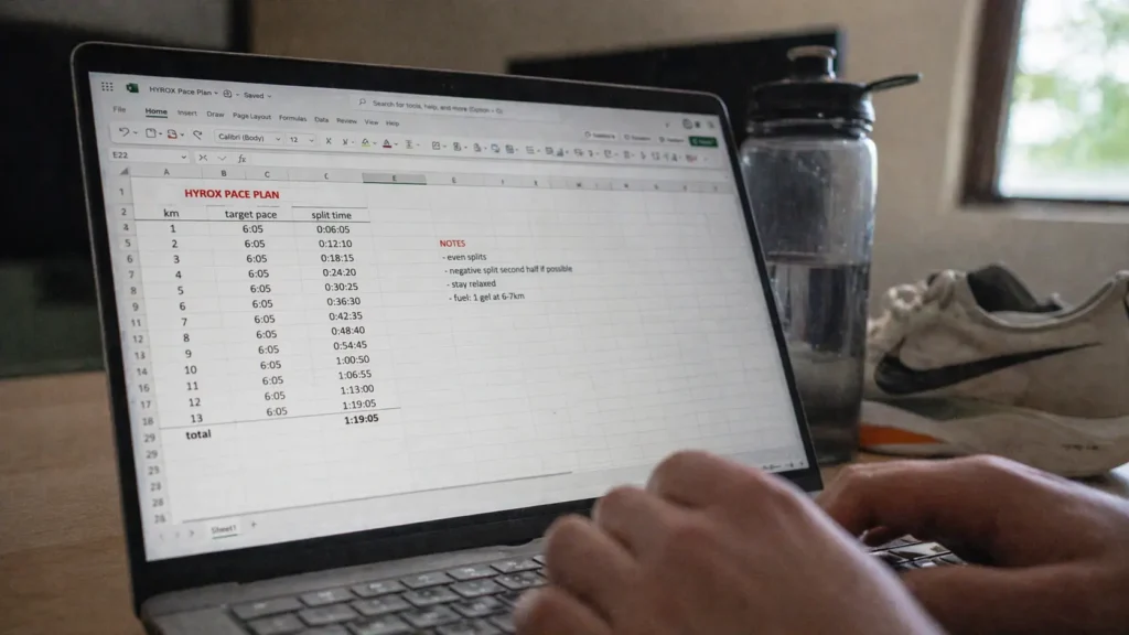Athlete planning HYROX running pace splits on a laptop spreadsheet before race day