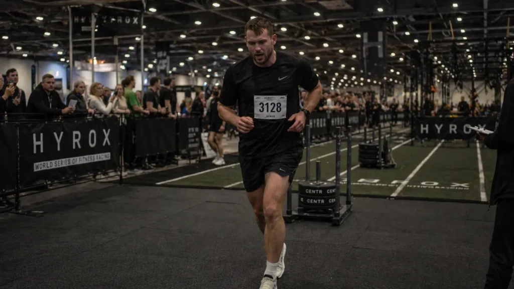 Athlete recovering HYROX running pace after Sled Push station inside competition hall