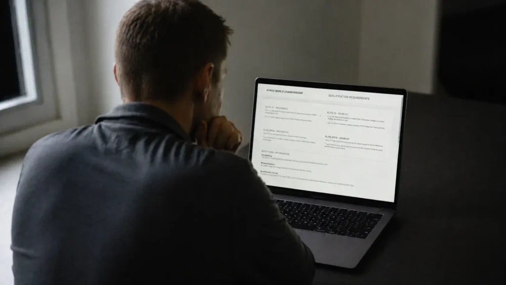 Athlete reading HYROX World Championships 2026 qualification requirements on laptop screen
