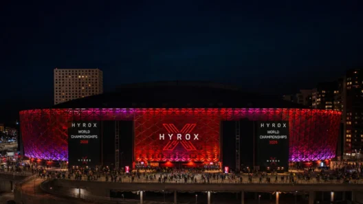 HYROX World Championships 2026 at Strawberry Arena Stockholm lit up at night