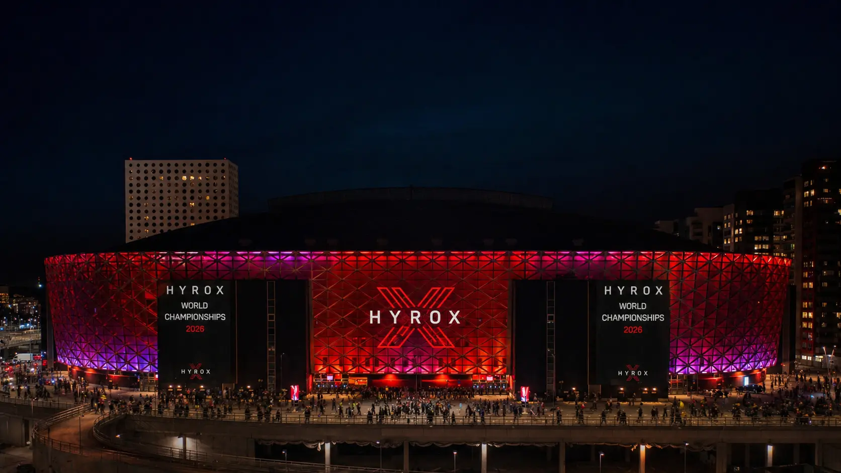 HYROX World Championships 2026 at Strawberry Arena Stockholm lit up at night