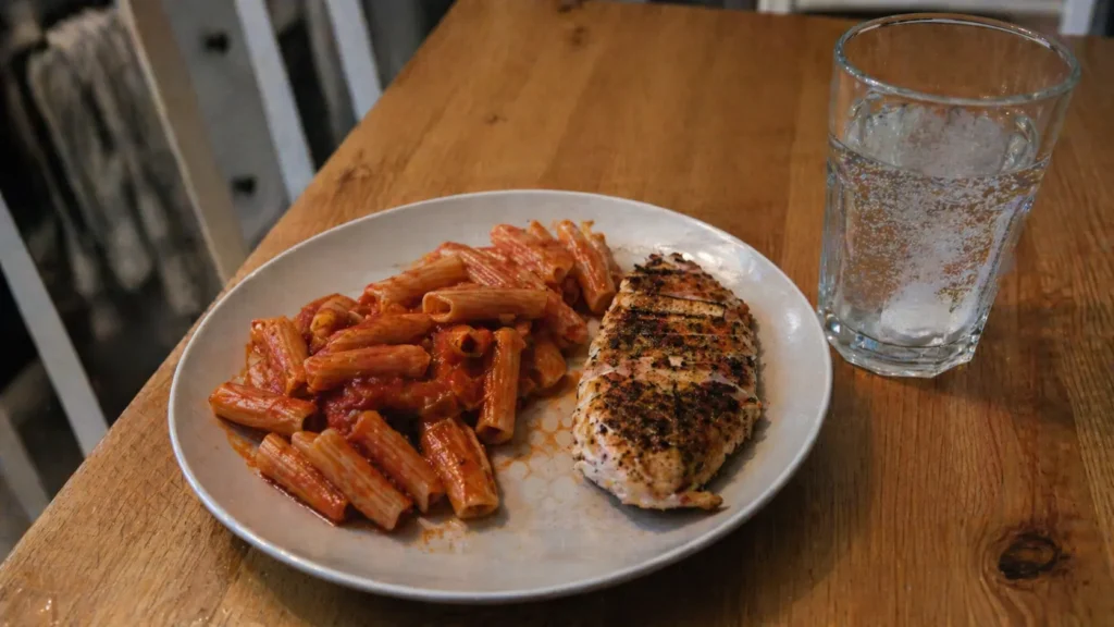 HYROX pre-race dinner the night before — white pasta and grilled chicken