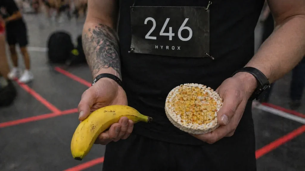 HYROX athlete eating banana as pre-race snack 60 minutes before start