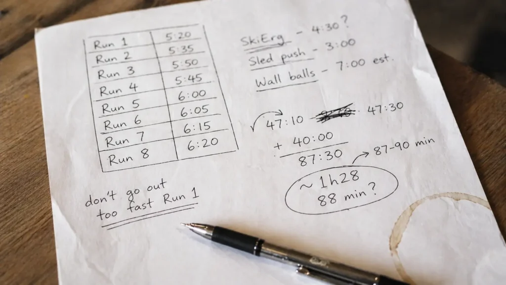 Handwritten HYROX race pacing sheet with split times and total time calculation