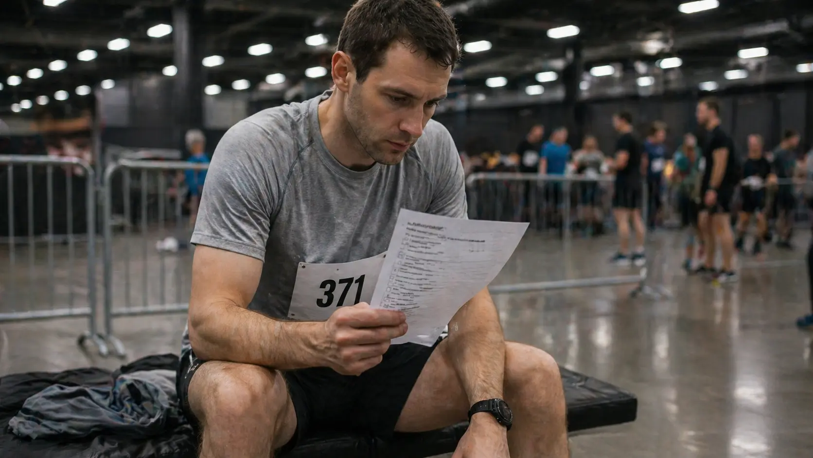 Athlete reading a HYROX race day checklist before competing at an indoor HYROX event