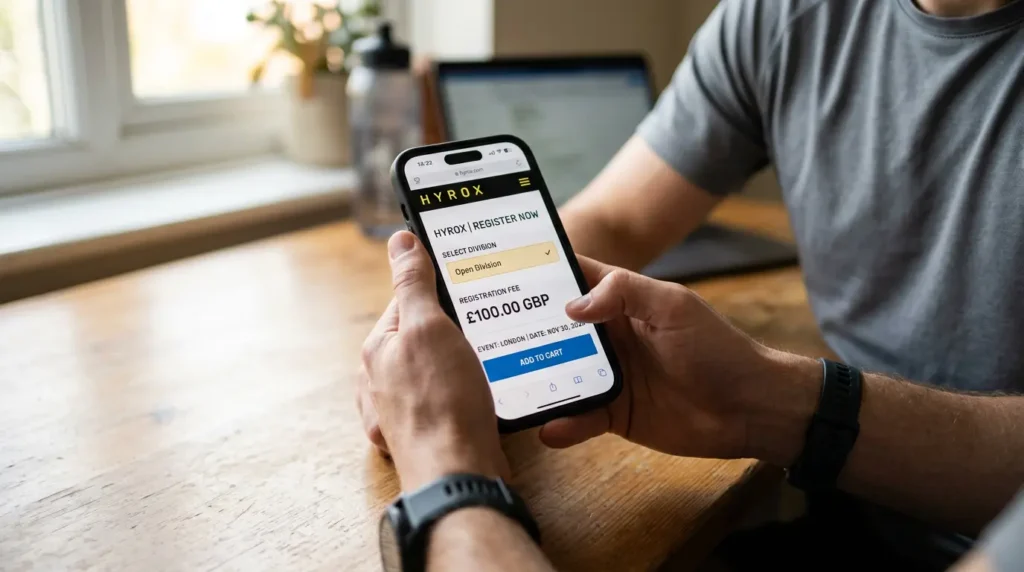 HYROX UK registration fee on smartphone screen showing Open division pricing for 2026 events
