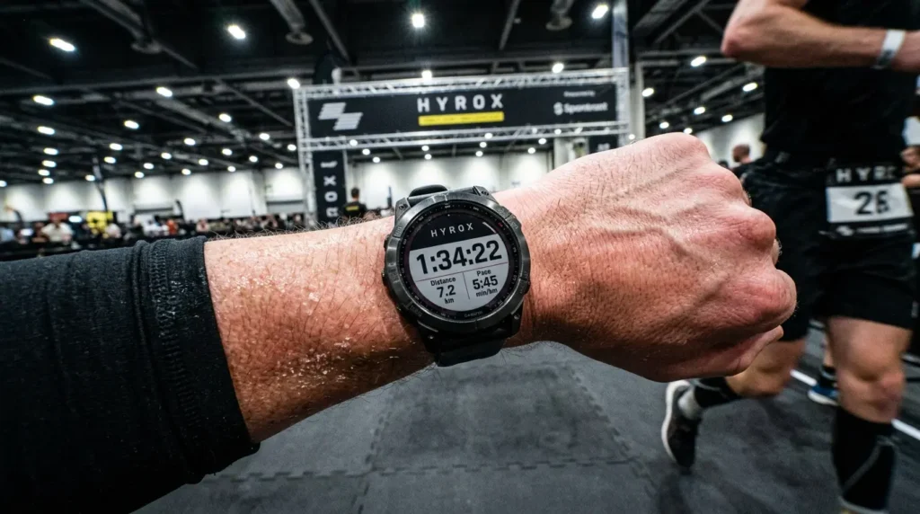 GPS watch showing 1:34:22 during a HYROX race — women average finishing time