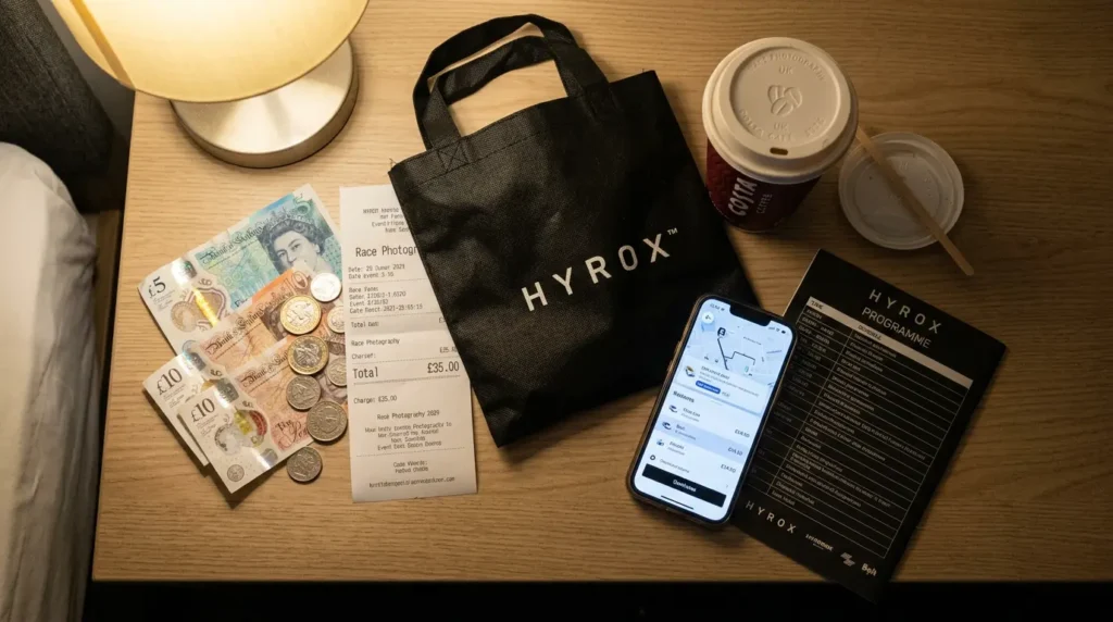 Hidden HYROX cost UK — race photos, merchandise and food receipts spread on hotel desk after race weekend