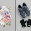 HYROX cost UK flat lay with British pounds, race bib, running shoes and grip gloves