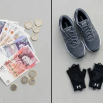 HYROX cost UK flat lay with British pounds, race bib, running shoes and grip gloves