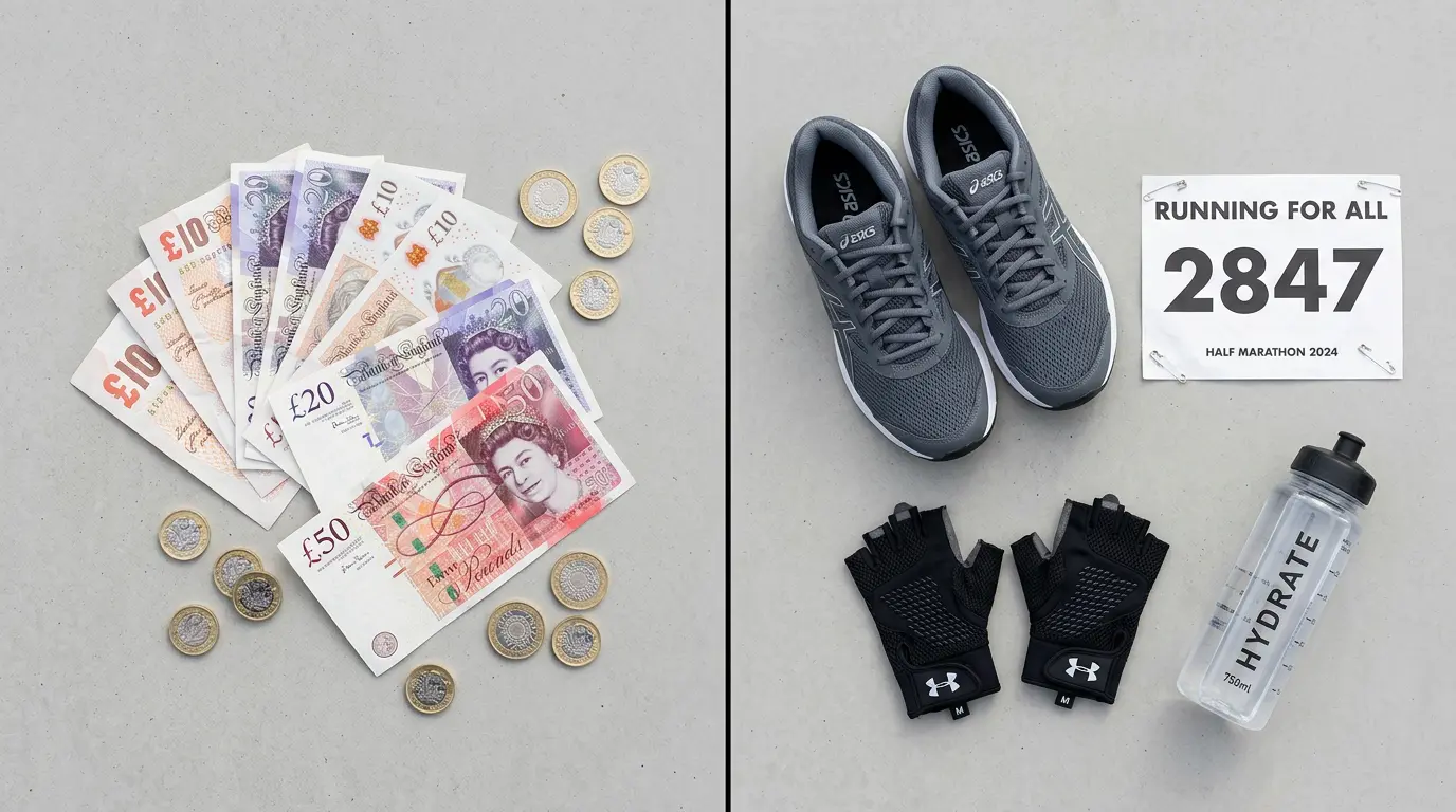 HYROX cost UK flat lay with British pounds, race bib, running shoes and grip gloves