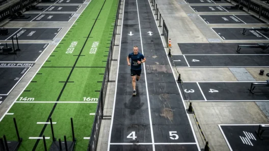HYROX race floor with all 8 stations — complete HYROX station times guide for Open and Pro divisions
