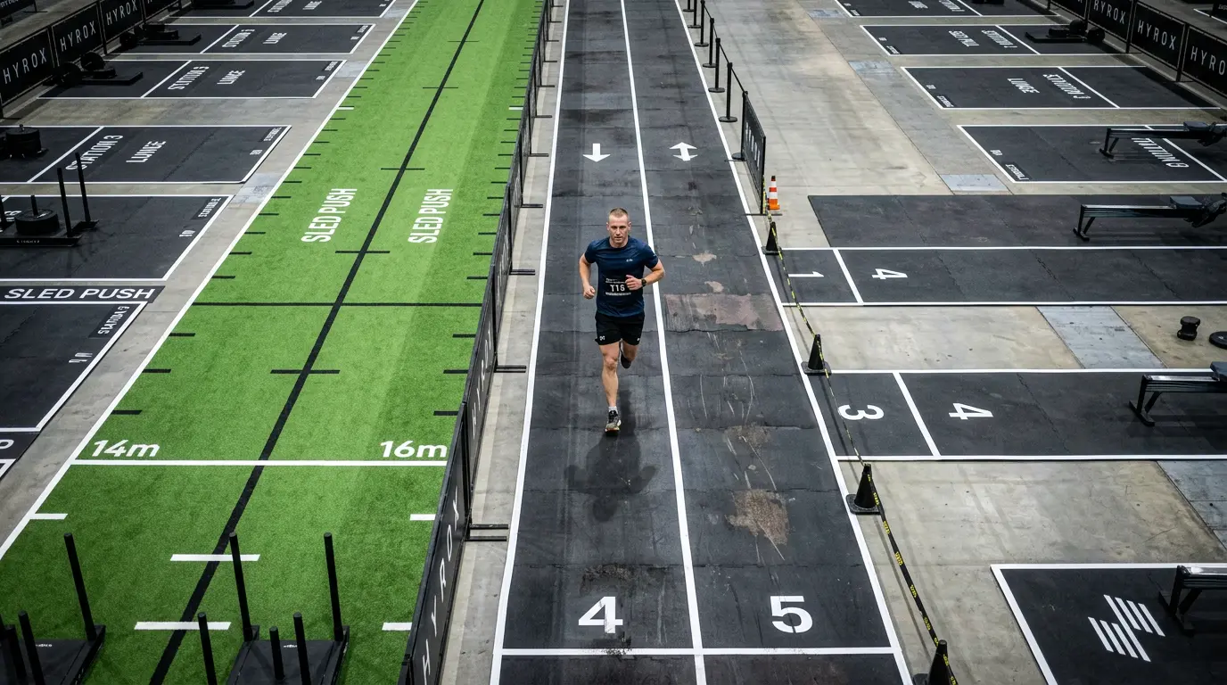 HYROX race floor with all 8 stations — complete HYROX station times guide for Open and Pro divisions