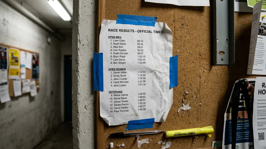 HYROX race results timing board showing finishing times across Open Men and Open Women divisions