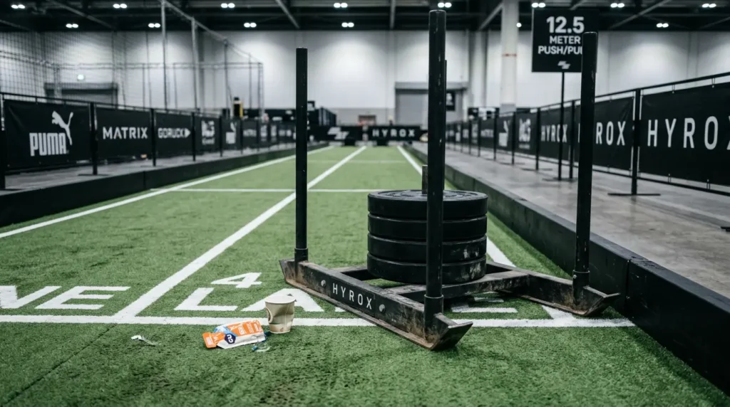 HYROX sled loaded with weight plates sitting idle on turf track with discarded energy gel wrapper on the floor