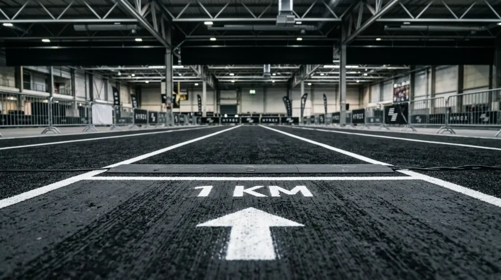 Indoor HYROX running track lane with 1km distance marker and timing mat on black rubber floor