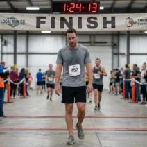 Male athlete crossing the HYROX finish line with race clock showing hyrox average finishing time of 1:24:13
