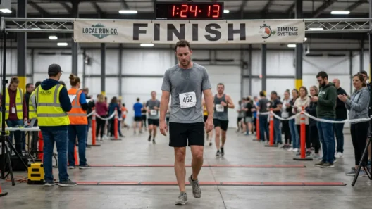 Male athlete crossing the HYROX finish line with race clock showing hyrox average finishing time of 1:24:13
