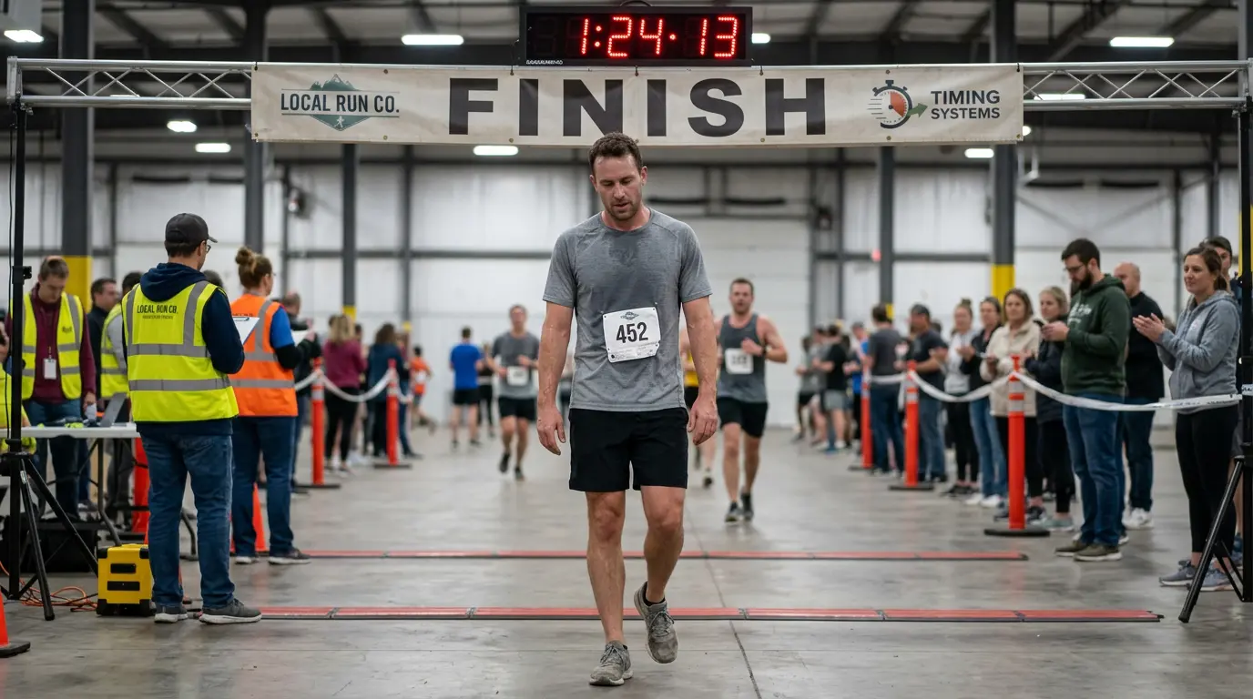 Male athlete crossing the HYROX finish line with race clock showing hyrox average finishing time of 1:24:13