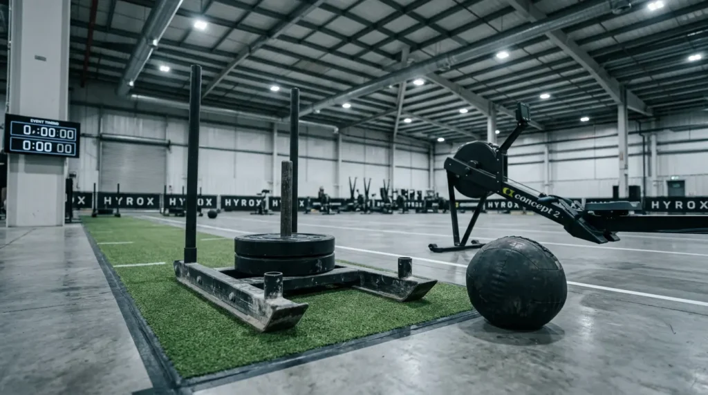 HYROX race station setup with sled, rowing machine and wall ball on turf track at an indoor venue
