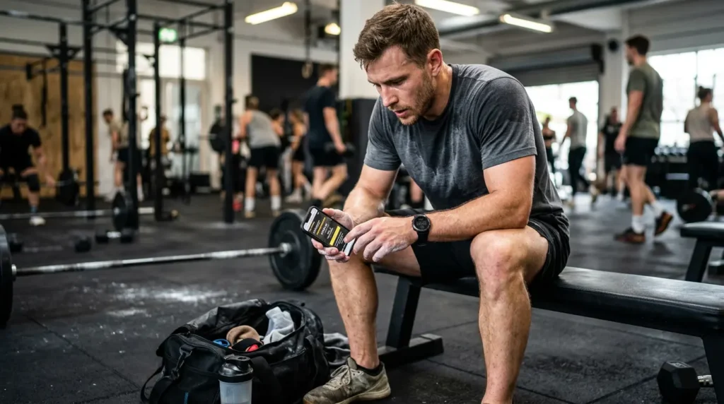 athlete in gym securing HYROX tickets on phone during workout real situation
