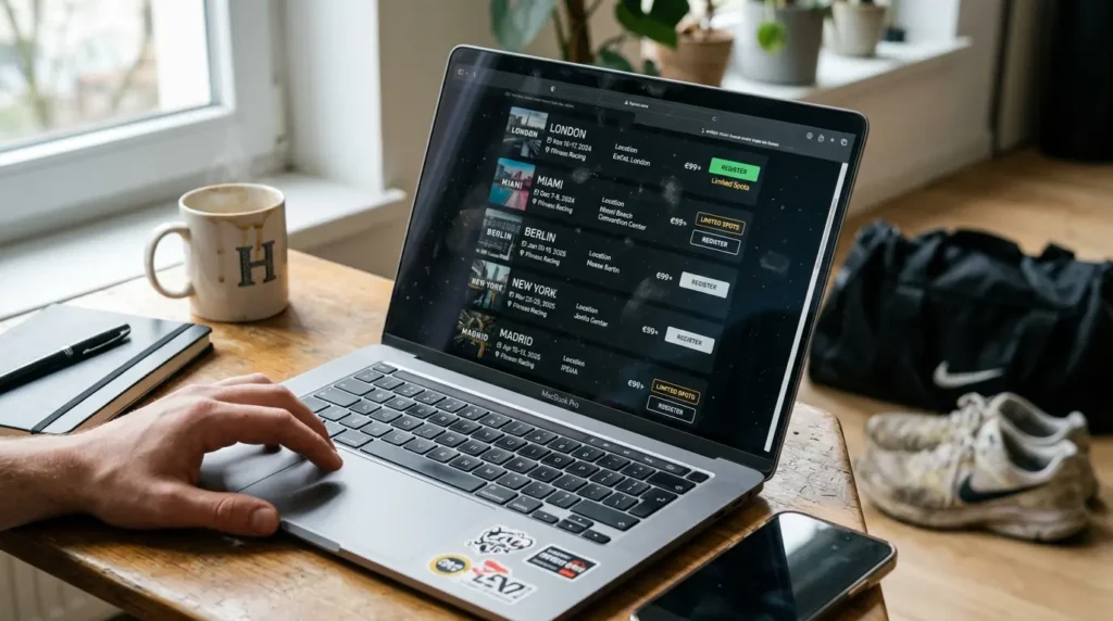 laptop showing multiple hyrox events selection page choosing race location strategy