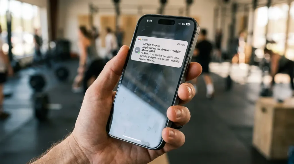 iphone showing gmail notification hyrox miami 2026 registration confirmed ticket